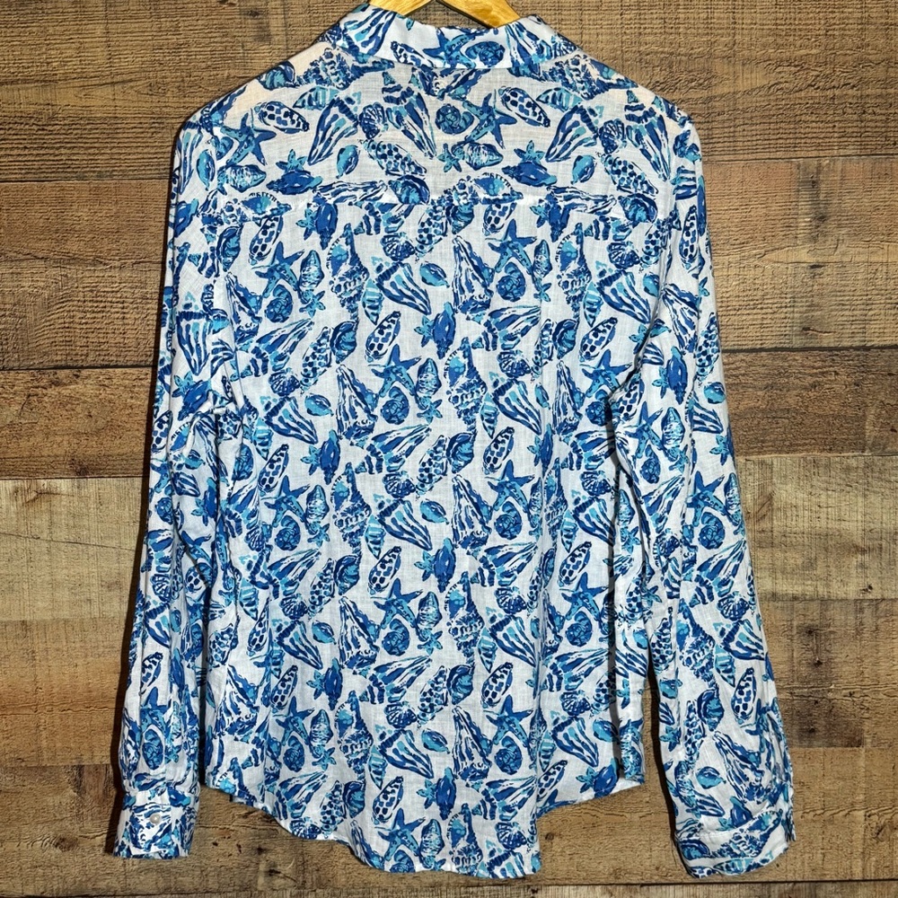 Lilly Pulitzer Women's Sea View Linen Button Down Top Shell Collector sz. Large - Picture 3 of 11